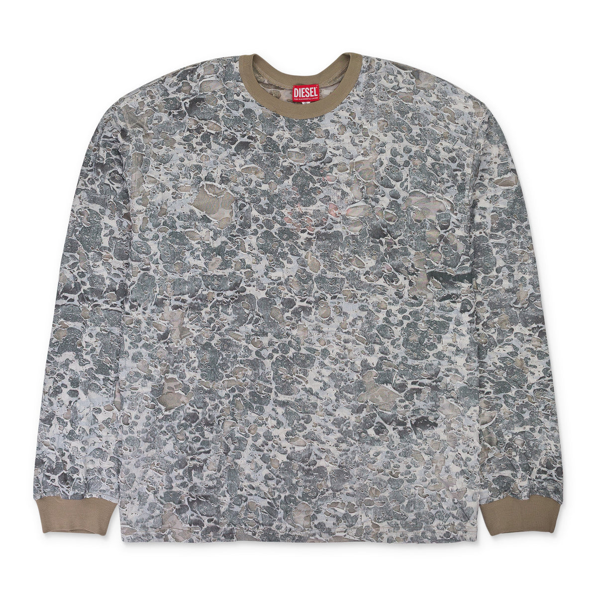 BEIGE CAMO BURN OUT PRINT LONG SLEEVE T-SHIRT