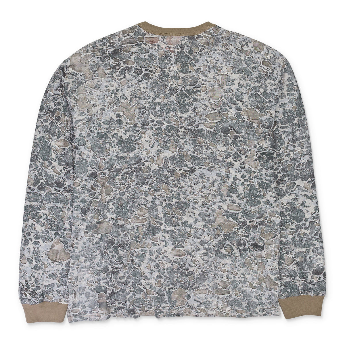 BEIGE CAMO BURN OUT PRINT LONG SLEEVE T-SHIRT