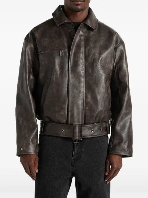 Manière De Voir Ezra in brown leather belted bomber jacket