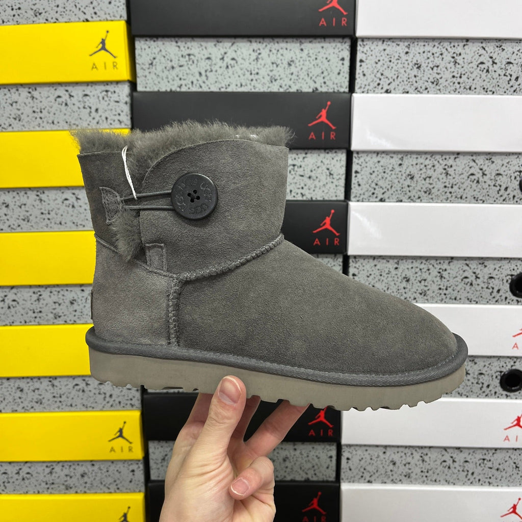 UGG Classic Mini Bailey Button Boot – Suede Ankle Boot with Tonal Shearling Cuff & Button Closure in Grey