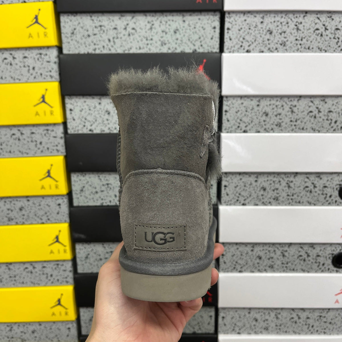 UGG Classic Mini Bailey Button Boot – Suede Ankle Boot with Tonal Shearling Cuff & Button Closure in Grey