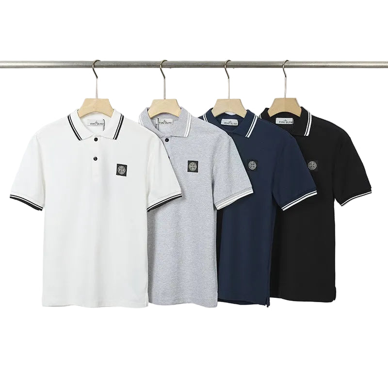 Stone Island Compass Patch Striped Collar Short Sleeve Polo Streetwear