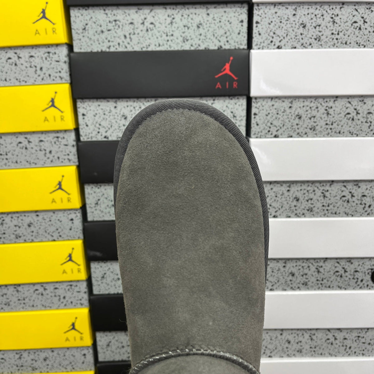 UGG Classic Mini Bailey Button Boot – Suede Ankle Boot with Tonal Shearling Cuff & Button Closure in Grey