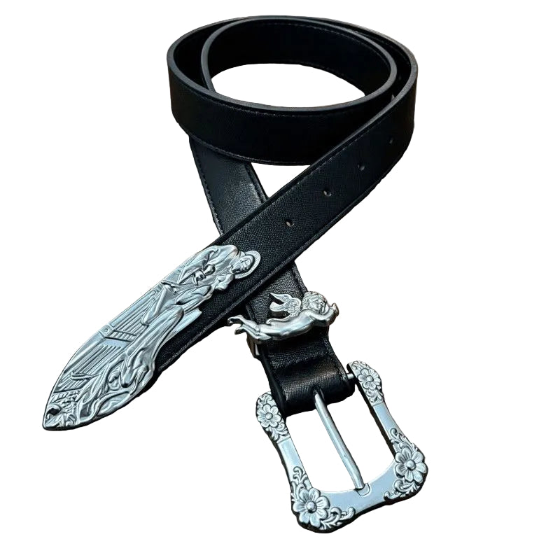 Cherub Angel Dagger Engraved Leather Belt Vintage Gothic Metal Tip