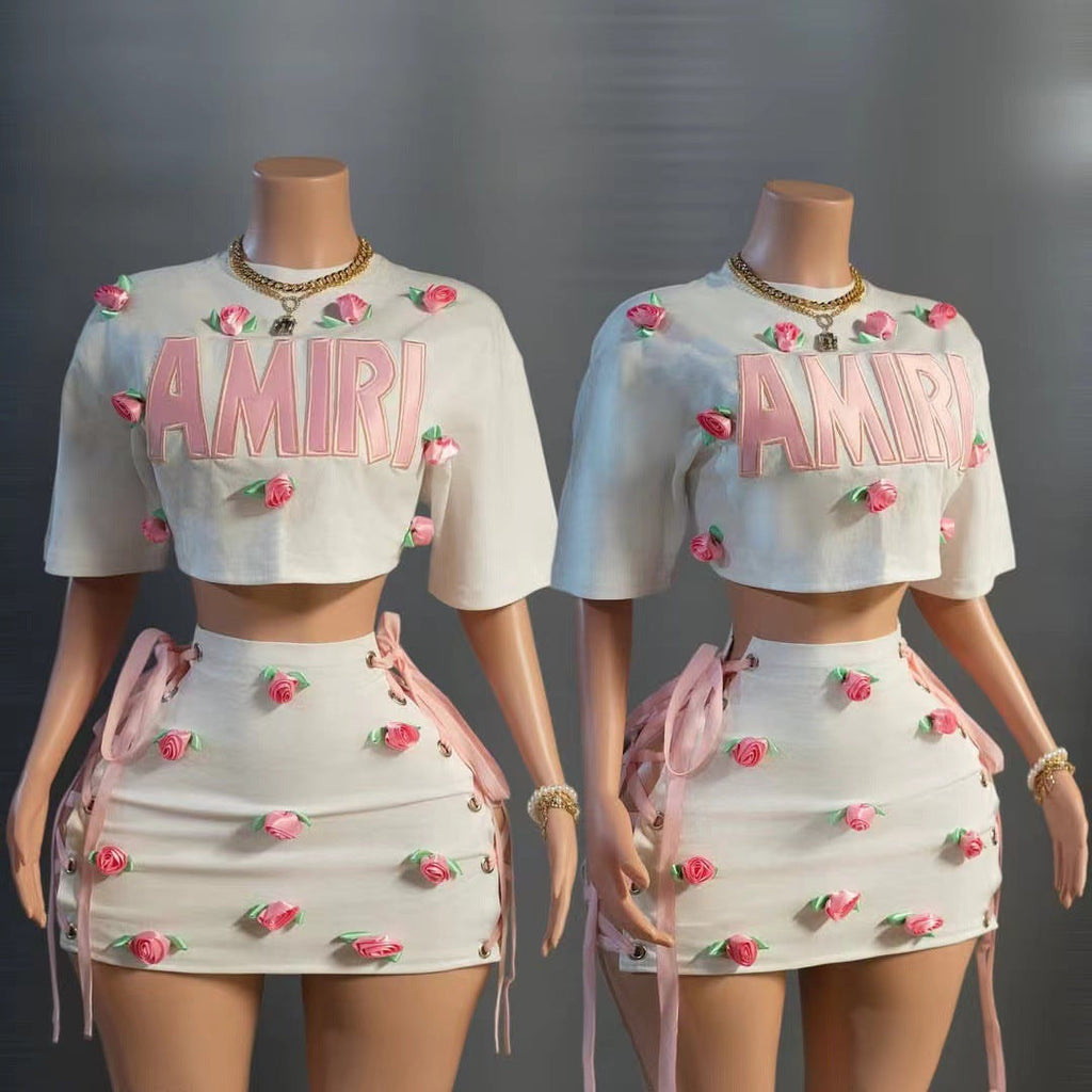 Amiri Letter and 3D Rose Applique Crop Top and Mini Skirt Set Women