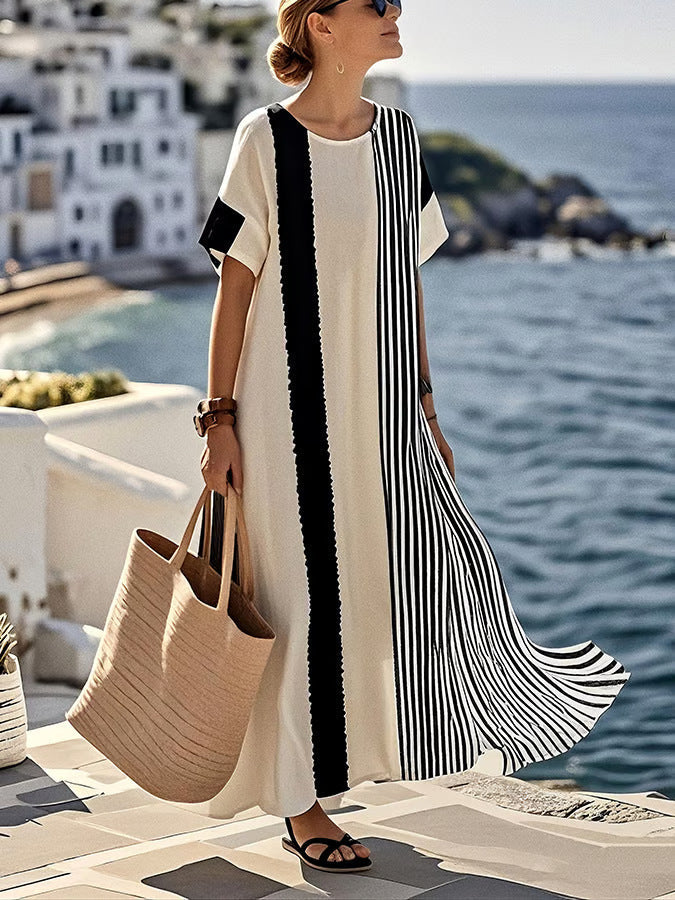 Boho Colorblock Short Sleeve Kaftan Maxi Beach Cover-Up