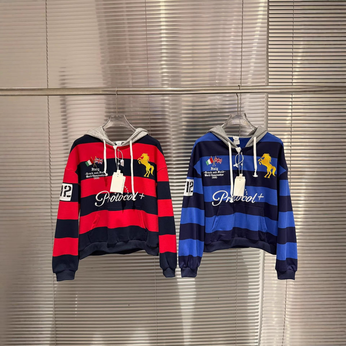 Protocol Index Striped Horse Embroidered Rugby Hoodie Unisex