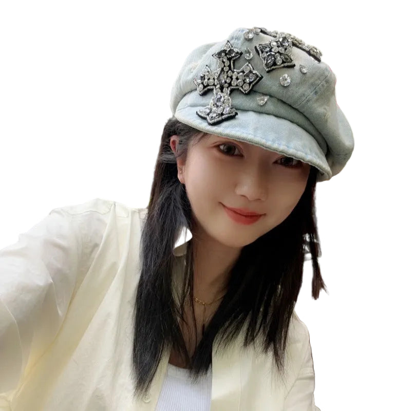 Rhinestone Cross Denim Octagonal Beret Vintage Y2K Women Newsboy Cap