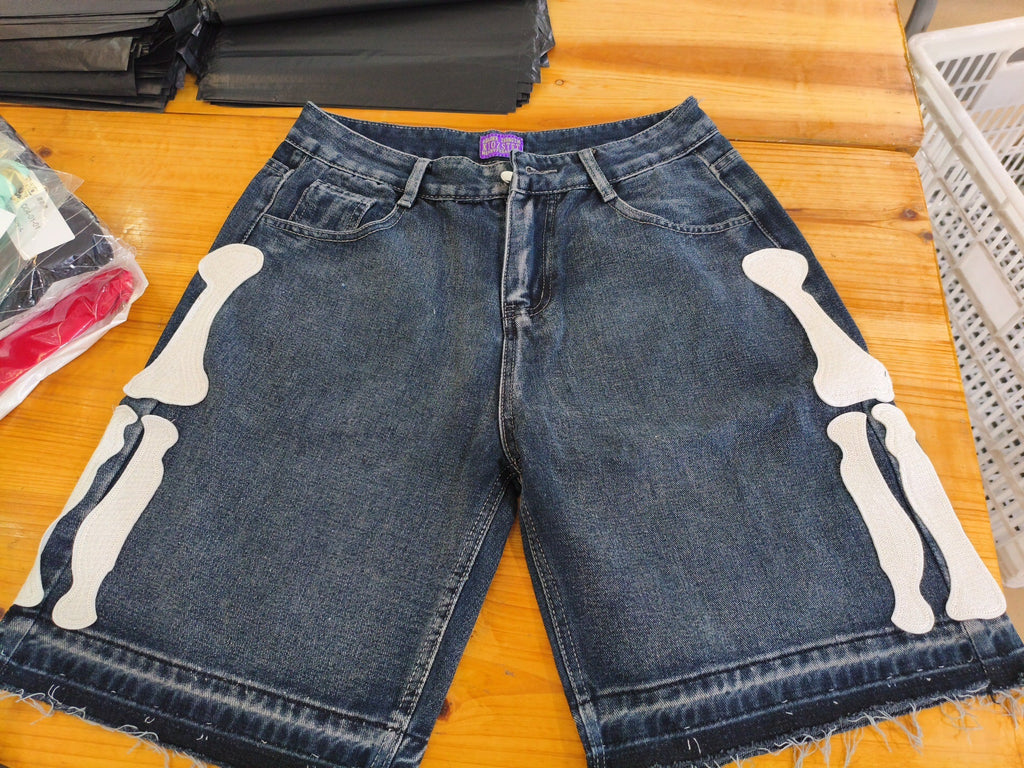 Y2K Skull-Embroidered Baggy Denim Jorts