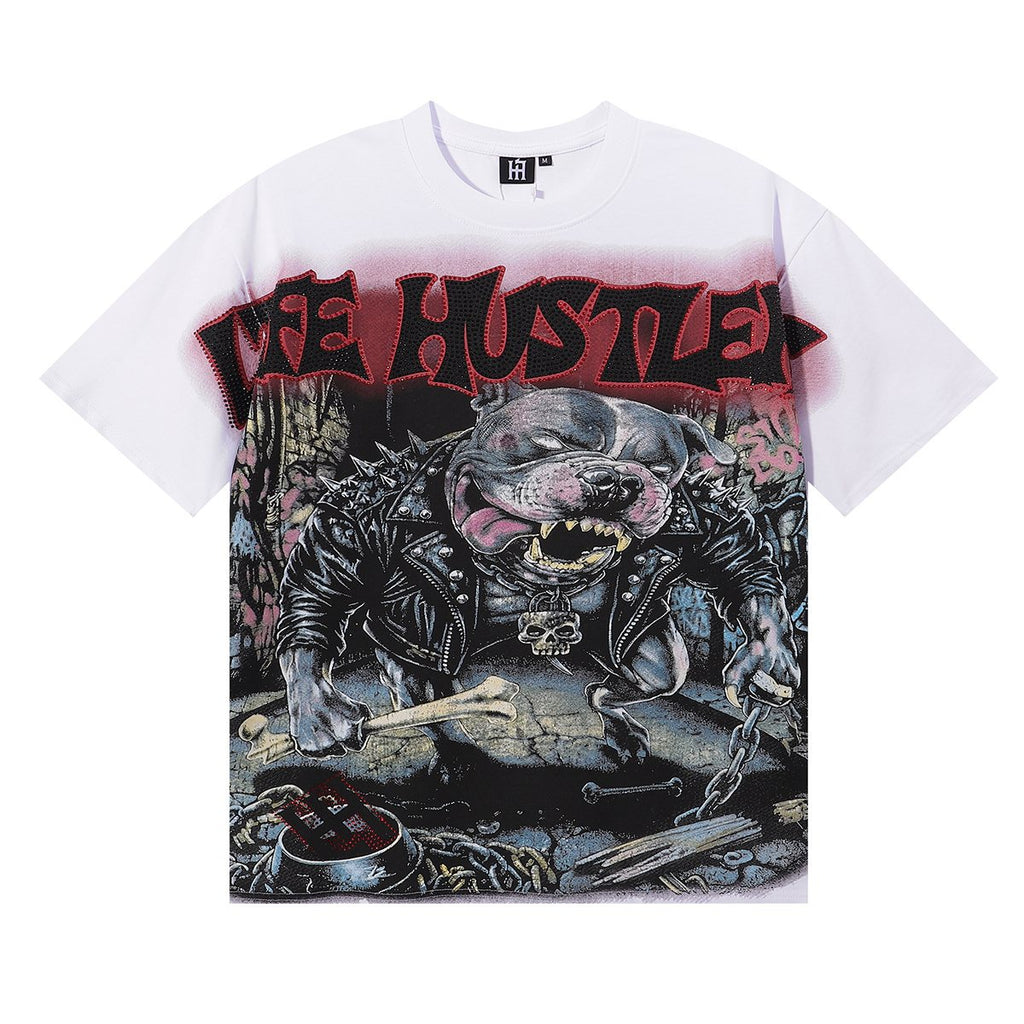 Life Hustlere Angry Pitbull Rhinestone Graphic T-Shirt