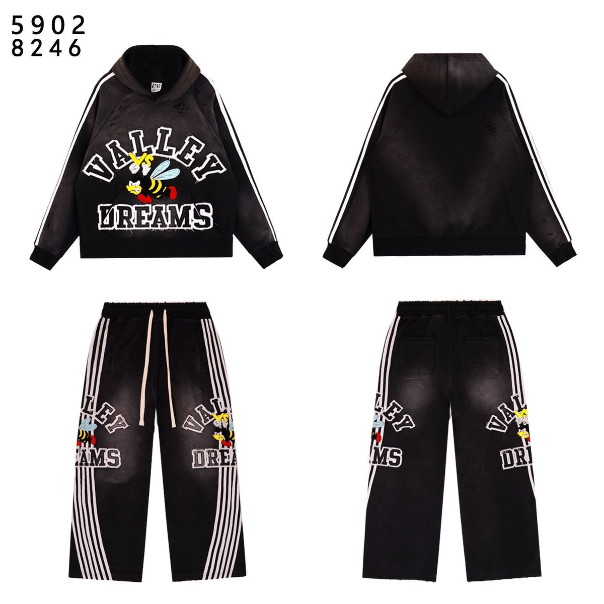 VALE USA Bee Embroidered Striped Hoodie & Sweatpants Set