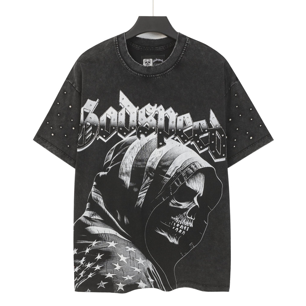 Godspeed Hooded Skull Graphic Studded-Sleeve T-Shirt