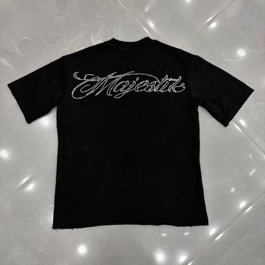 MAJESTIK Rhinestone-Style Script Graphic T-Shirt