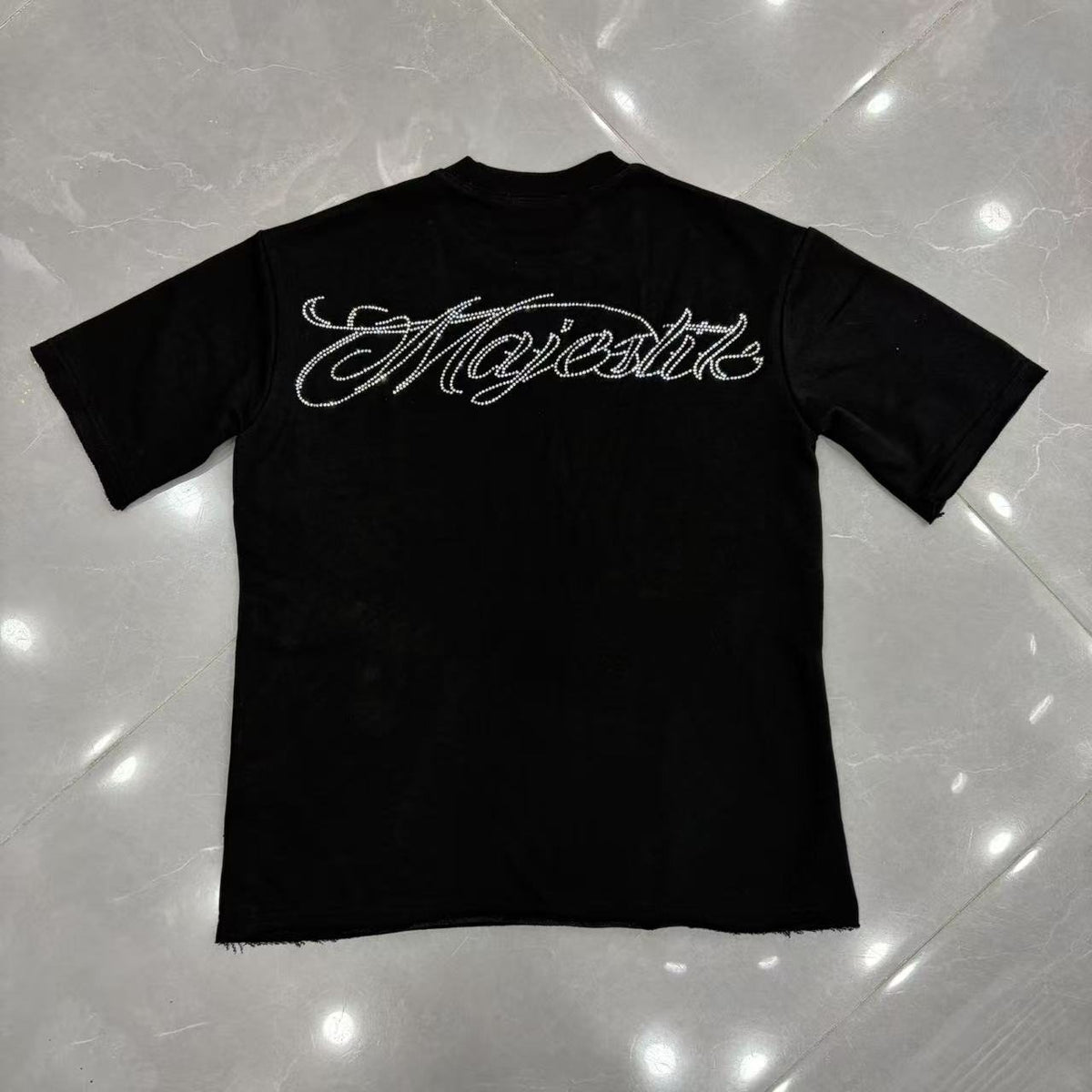 MAJESTIK Rhinestone-Style Script Graphic T-Shirt