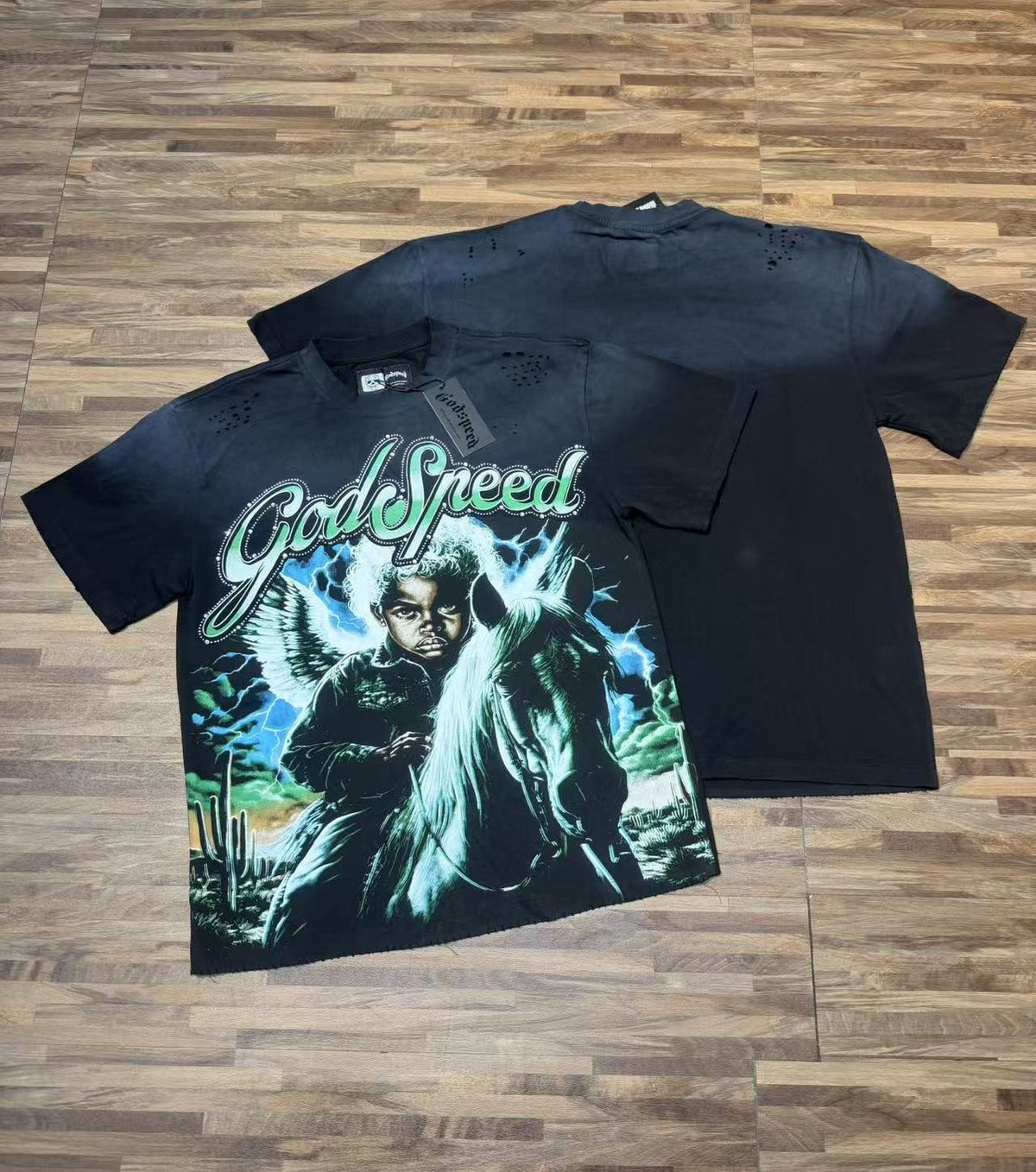 Godspeed Distressed Rhinestone Short-Sleeve Graphic T-Shirt