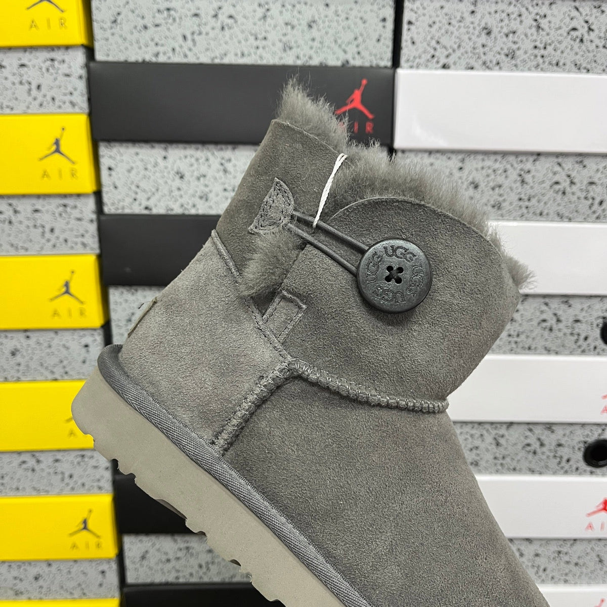 UGG Classic Mini Bailey Button Boot – Suede Ankle Boot with Tonal Shearling Cuff & Button Closure in Grey