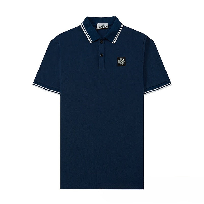 Stone Island Compass Patch Striped Collar Short Sleeve Polo Streetwear