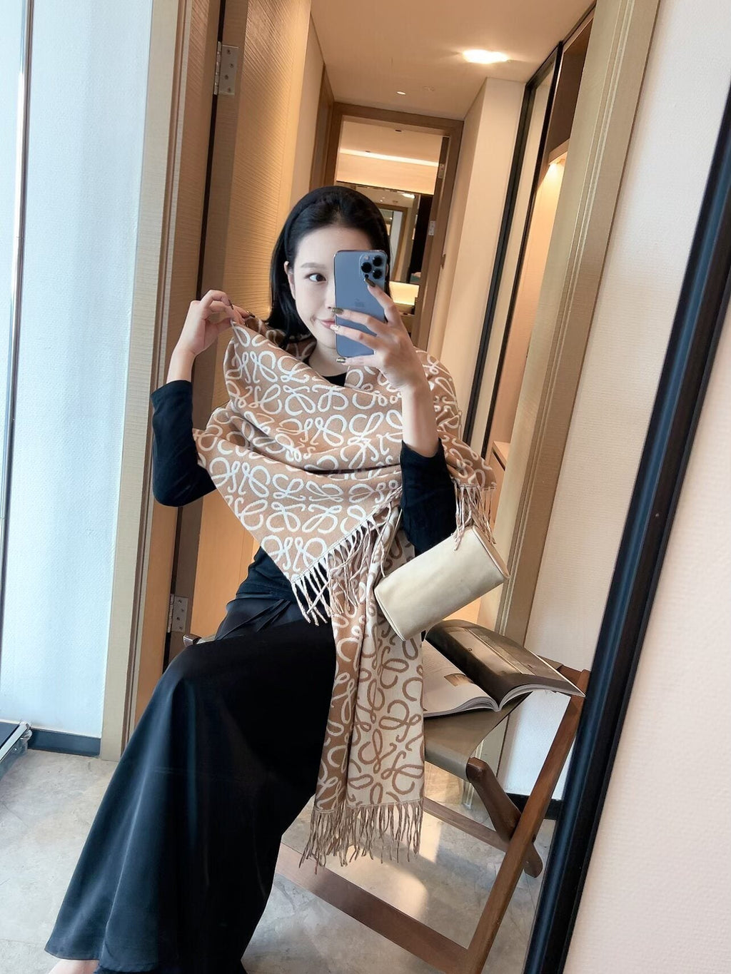 Loewe Khaki Brown Fringed Wool Scarf