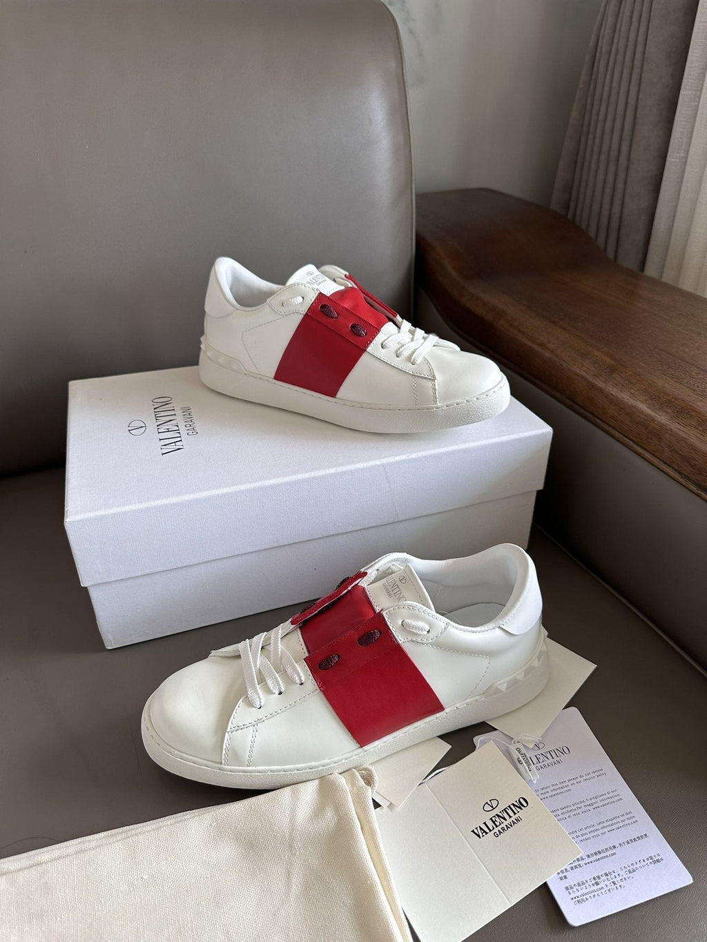 Valentino White and Red Studded Low-Top Sneakers