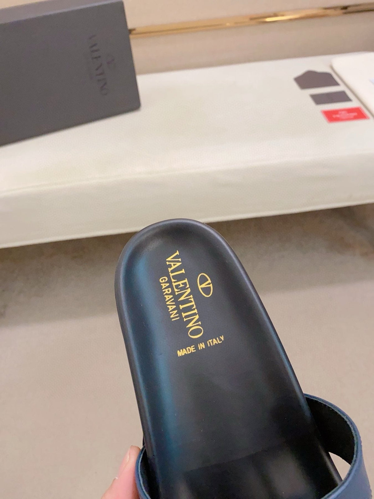 Valentino Men's Navy Blue Buckle Slide Sandals