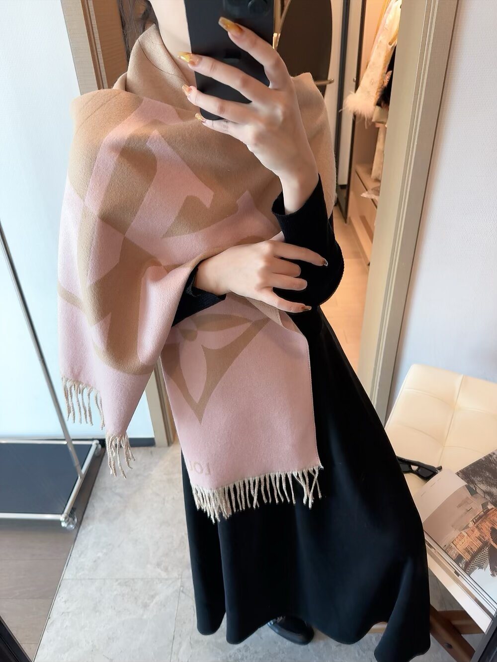 Louis Vuitton Dusty Pink Monogram Fringed Scarf