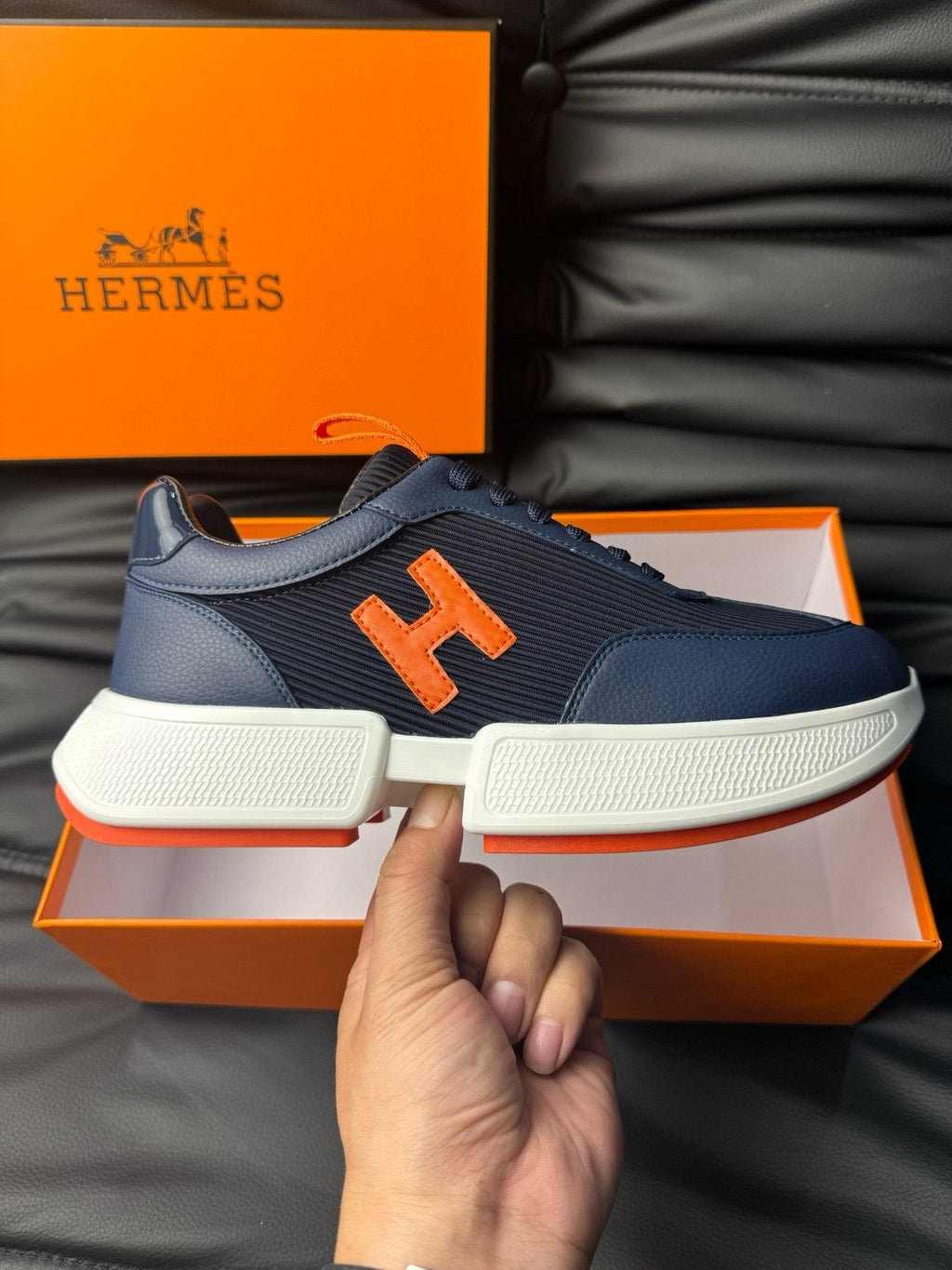 Hermès Navy Orange H-Detail Sneakers
