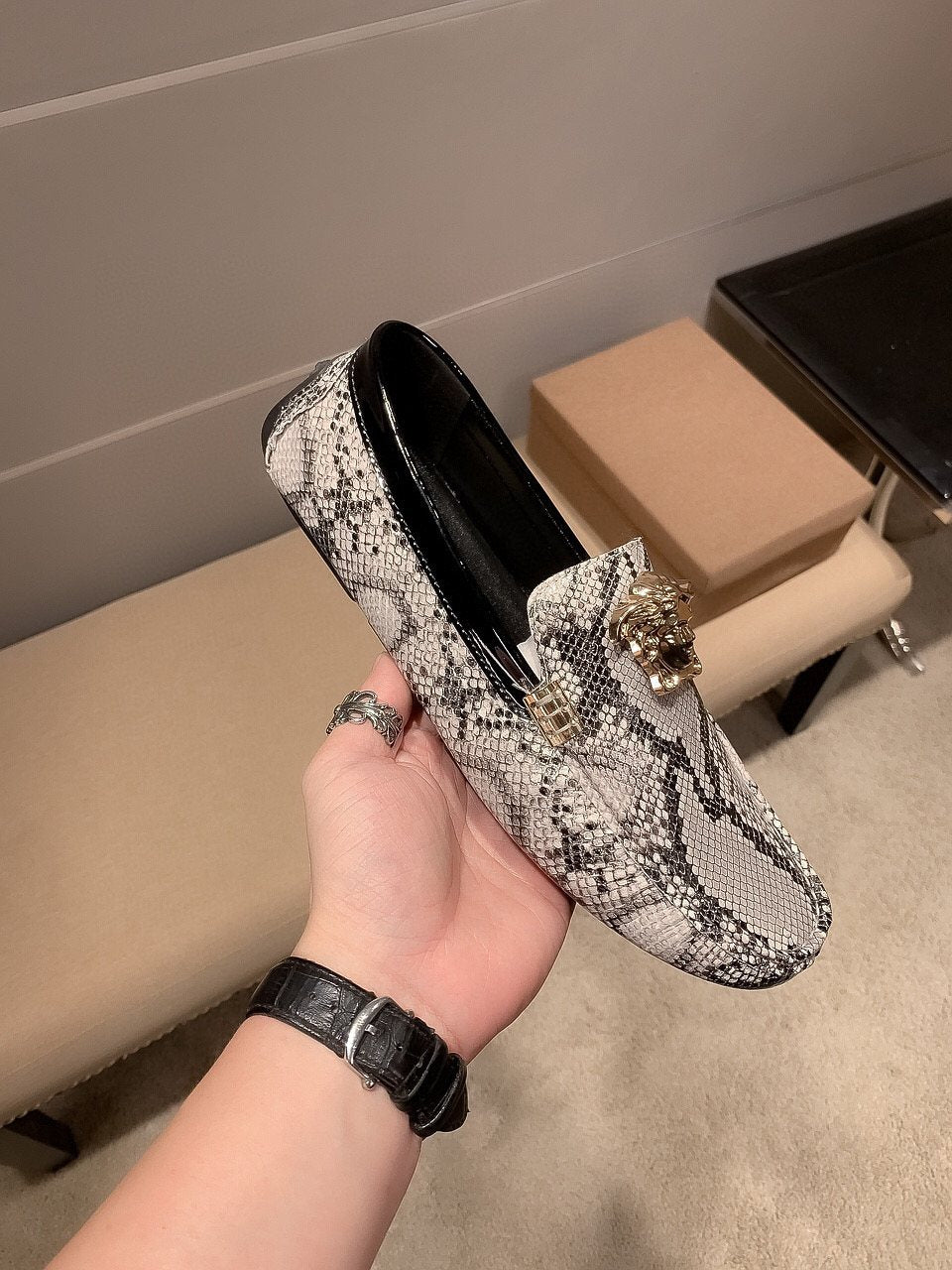 Versace Men's Gray Snakeskin Slip-On Loafers