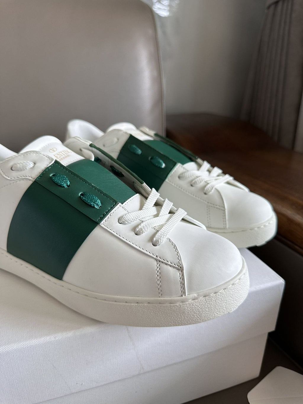 Valentino White and Green Studded Low-Top Sneakers