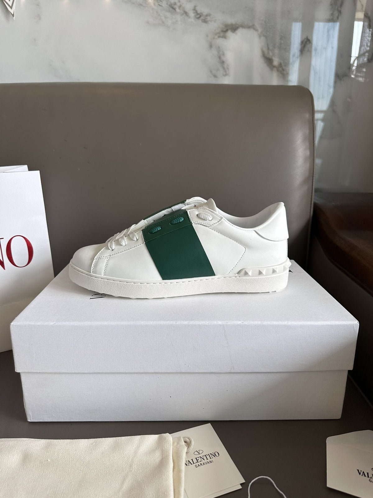 Valentino White and Green Studded Low-Top Sneakers