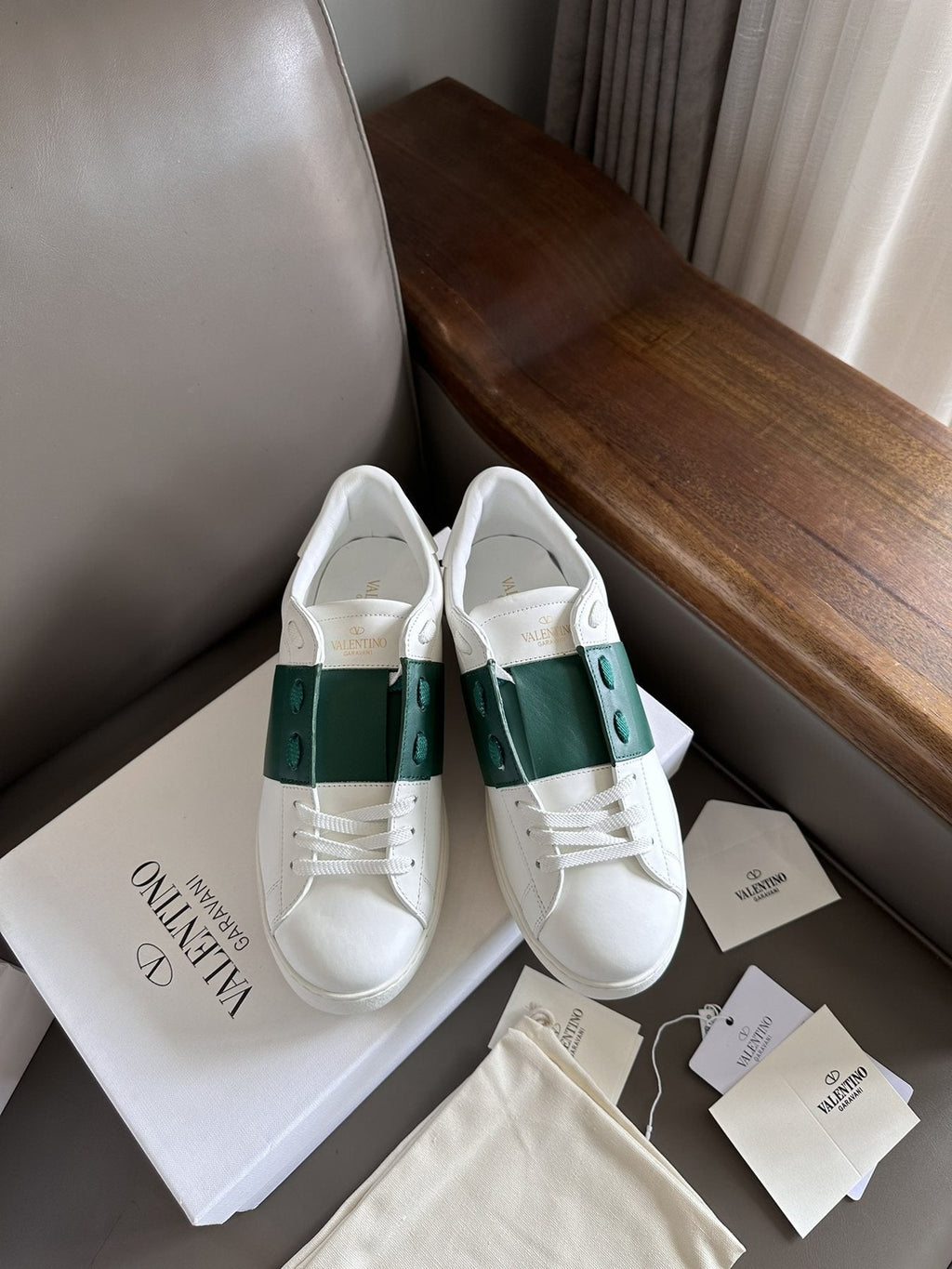 Valentino White and Green Studded Low-Top Sneakers