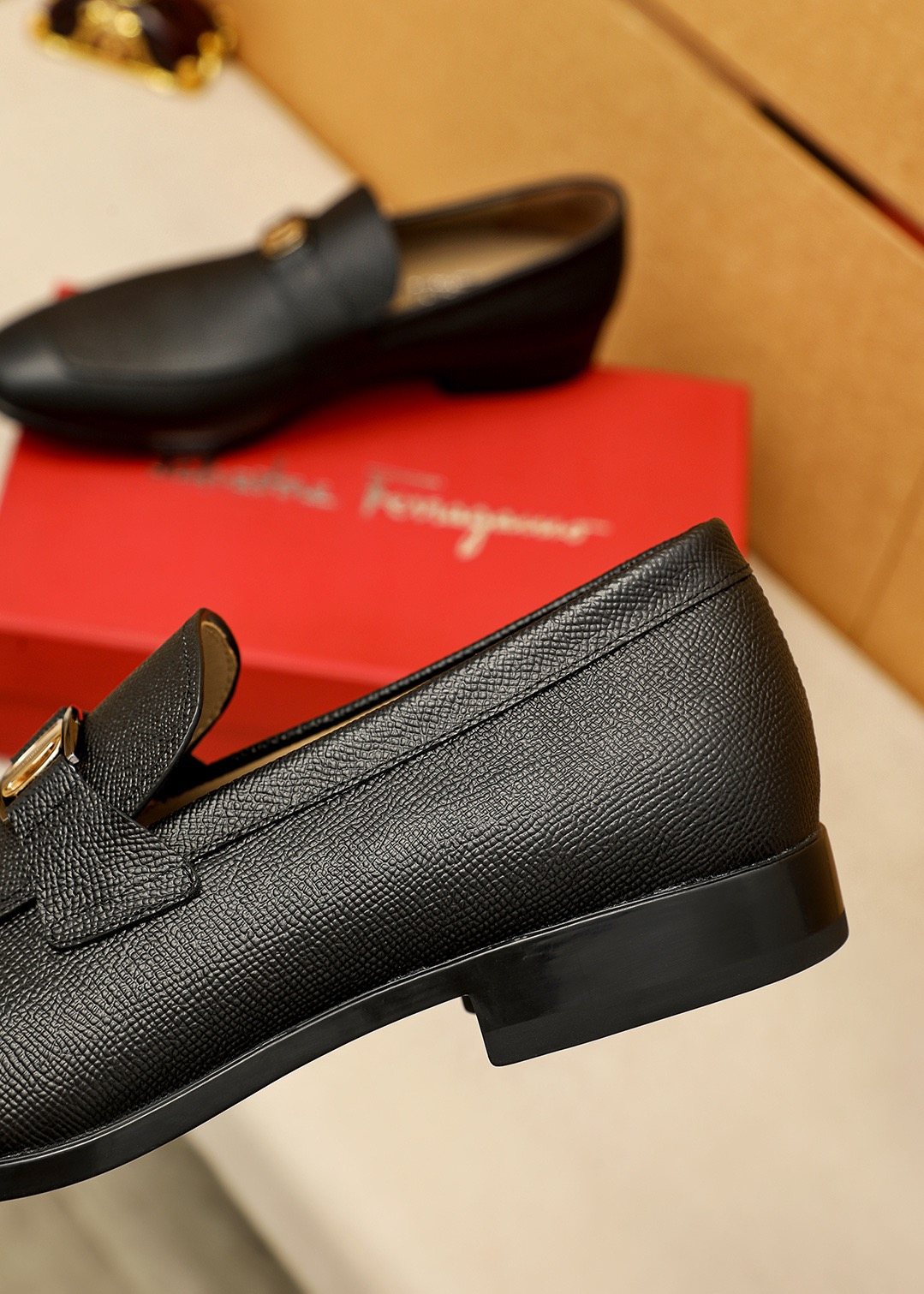 Ferragamo Men's Black Buckle Loafers - Low-Profile Heel