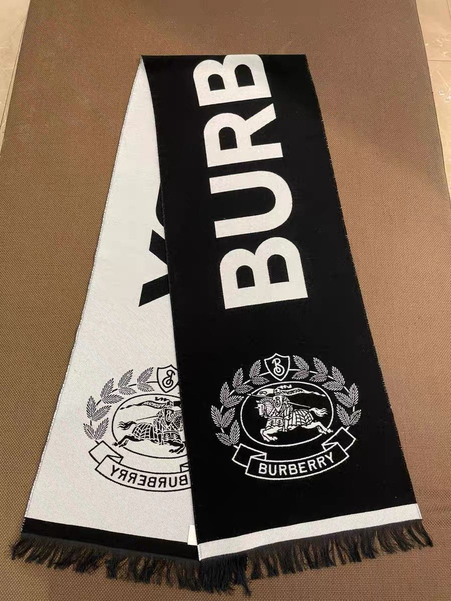 Burberry Black and Ivory Fringed Scarf