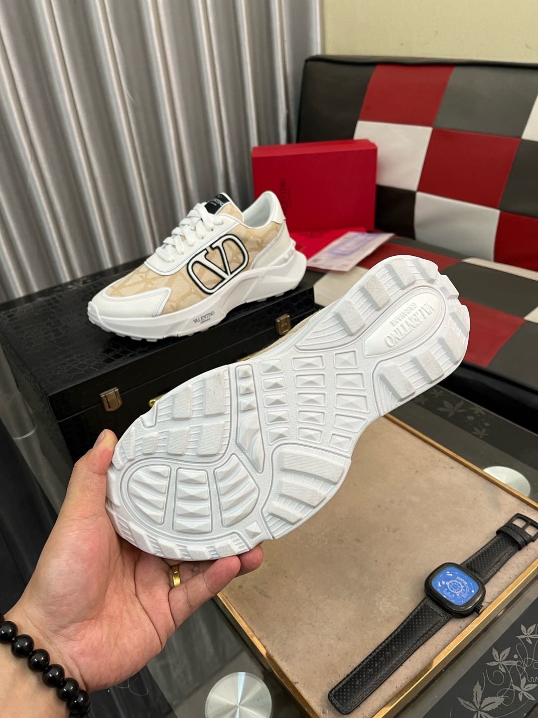 Valentino Cream and Beige V-Motif Sneakers
