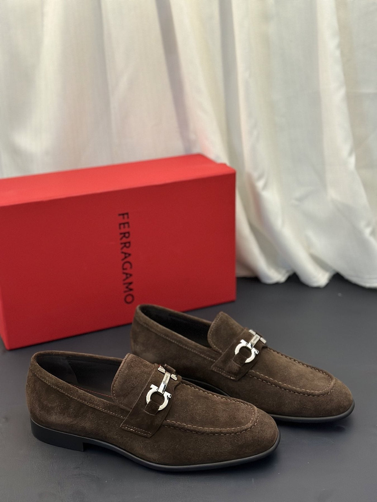 Ferragamo Brown Metal-Detail Loafers