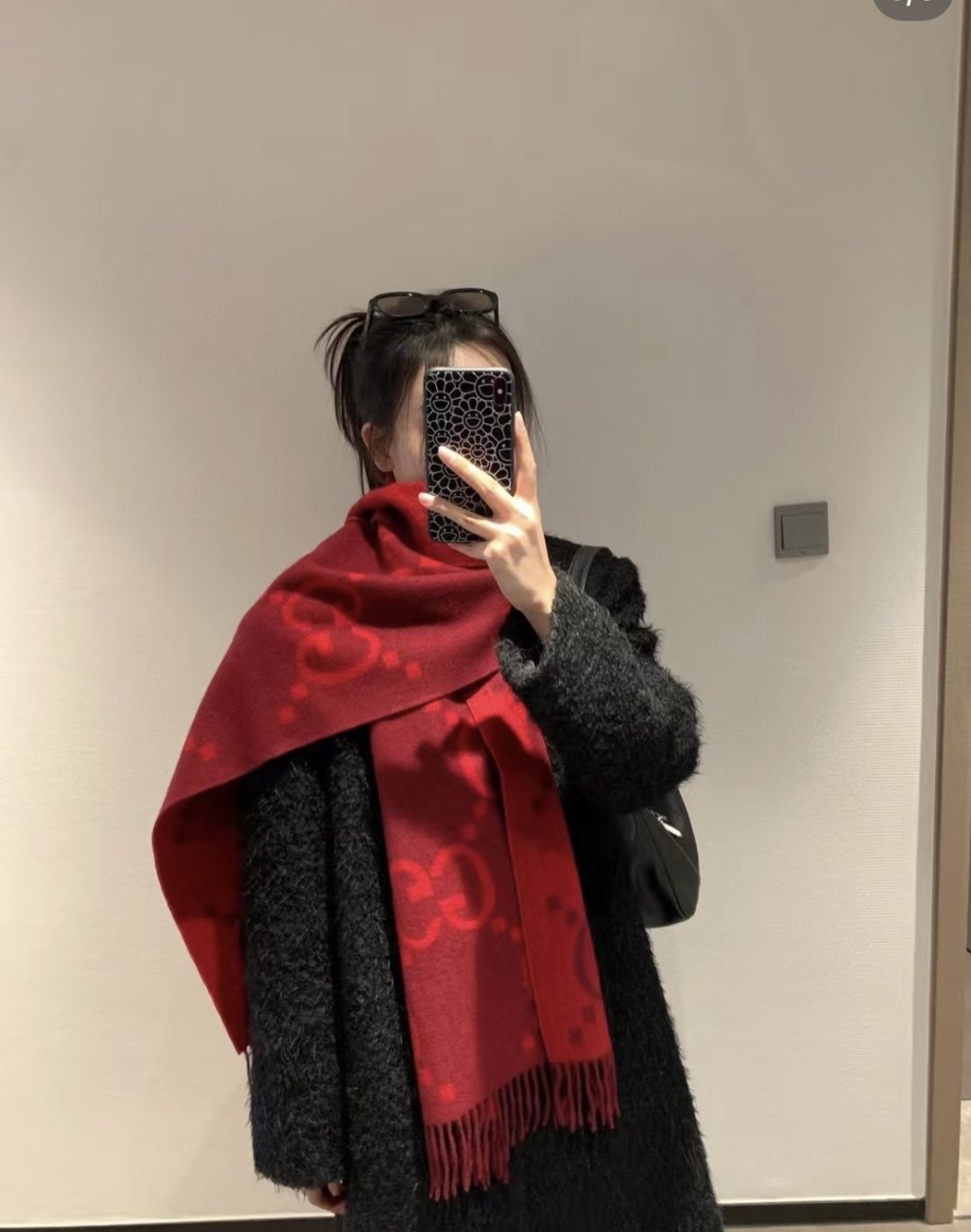 Deep Red Patterned Fringed Scarf Shawl