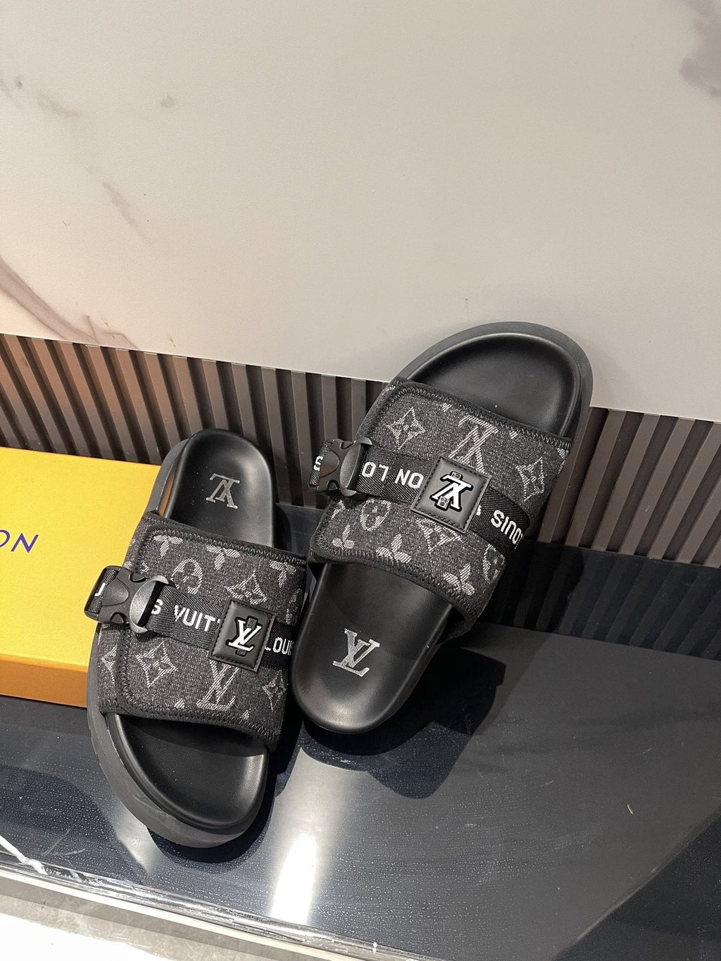 Louis Vuitton Black Monogram Slide Sandals - Open Toe