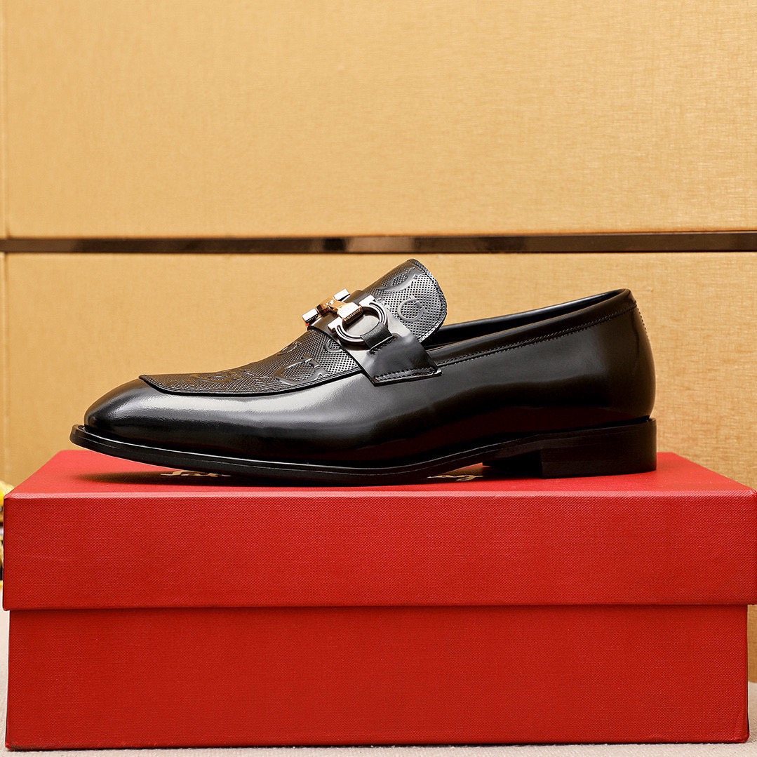 Ferragamo Black Buckle Loafers - Embossed Texture, Rubber Outsole