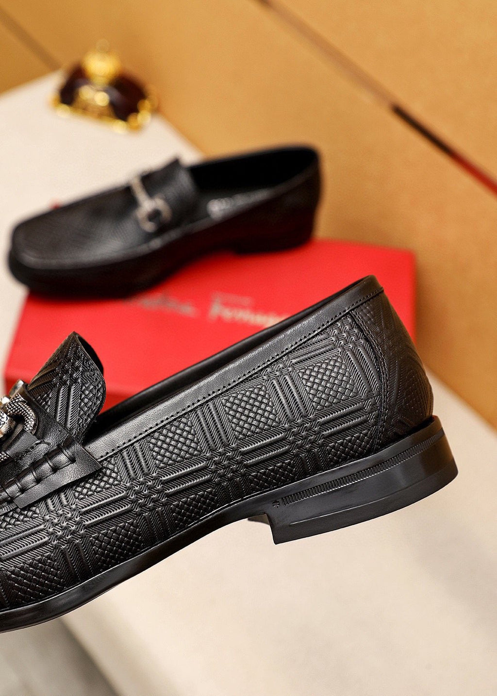 Ferragamo Black Embossed Buckle Loafers - Rubber Sole