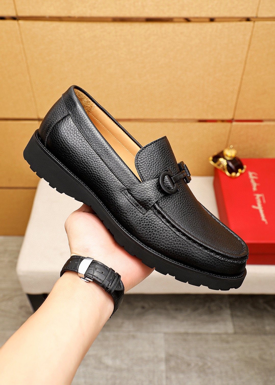 Ferragamo Pebble-Grain Buckle Slip-On Shoes