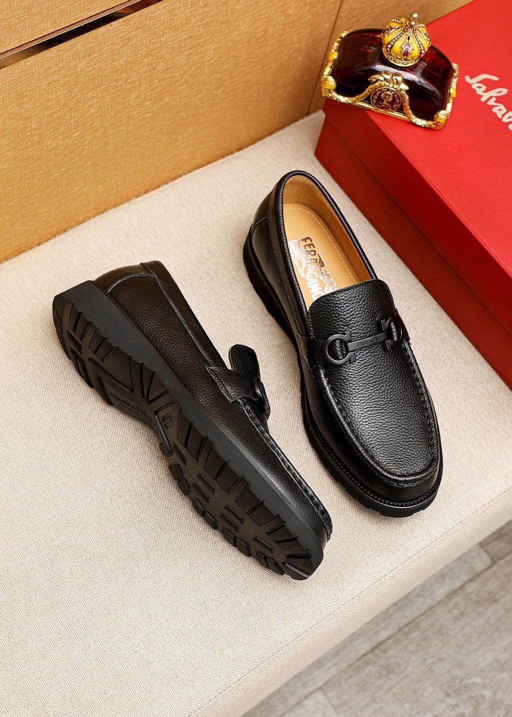 Ferragamo Pebble-Grain Buckle Slip-On Shoes