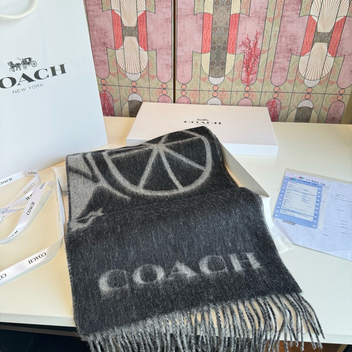 Coach Reversible Fringed Logo Scarf