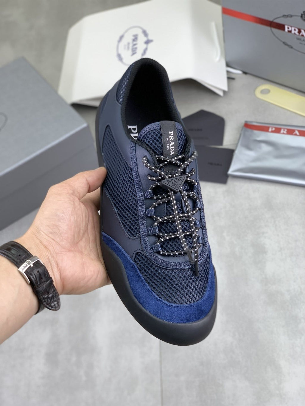Prada Layered Mesh Lace-Up Sneakers