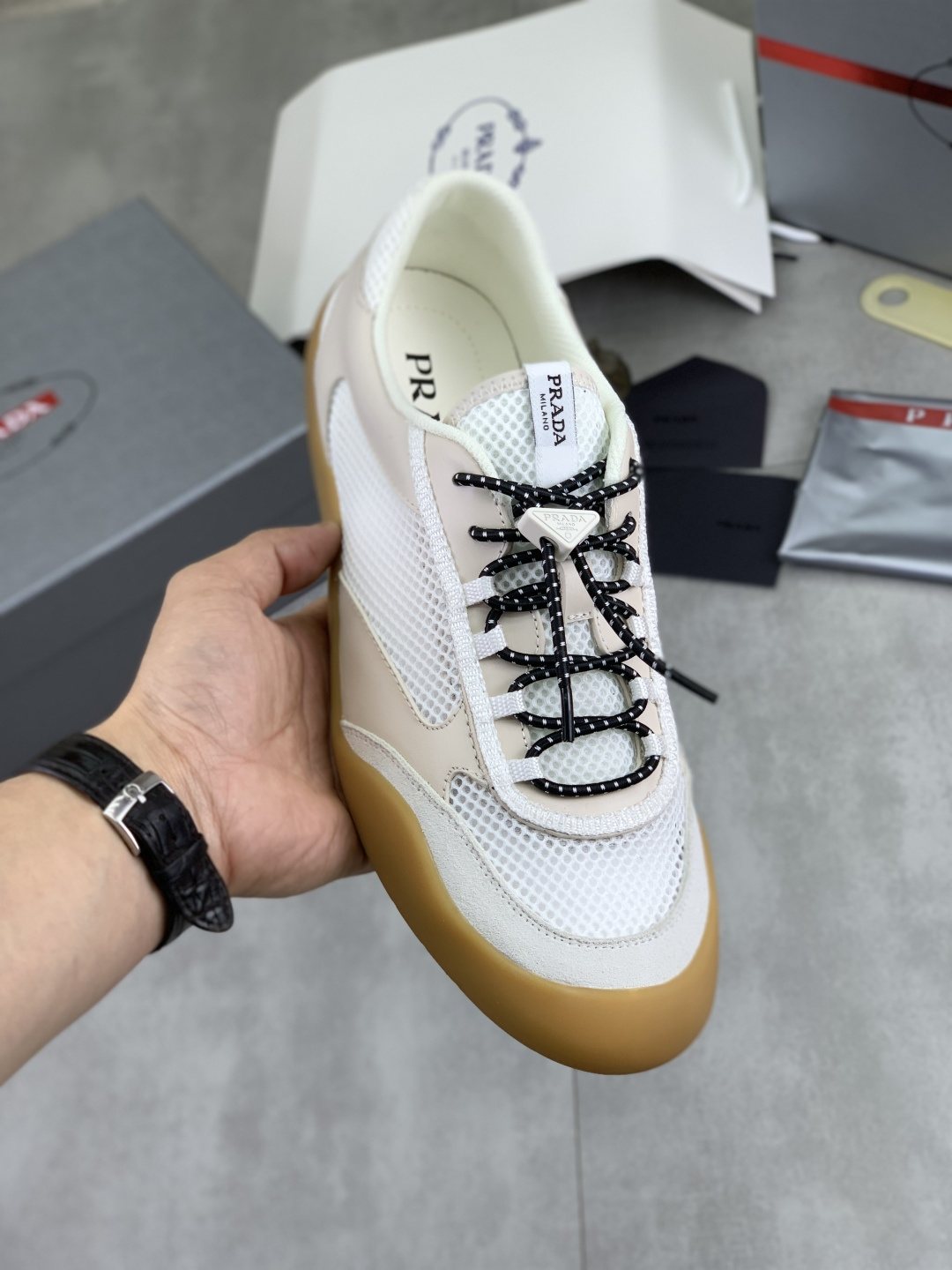 Prada Layered Mesh Lace-Up Sneakers