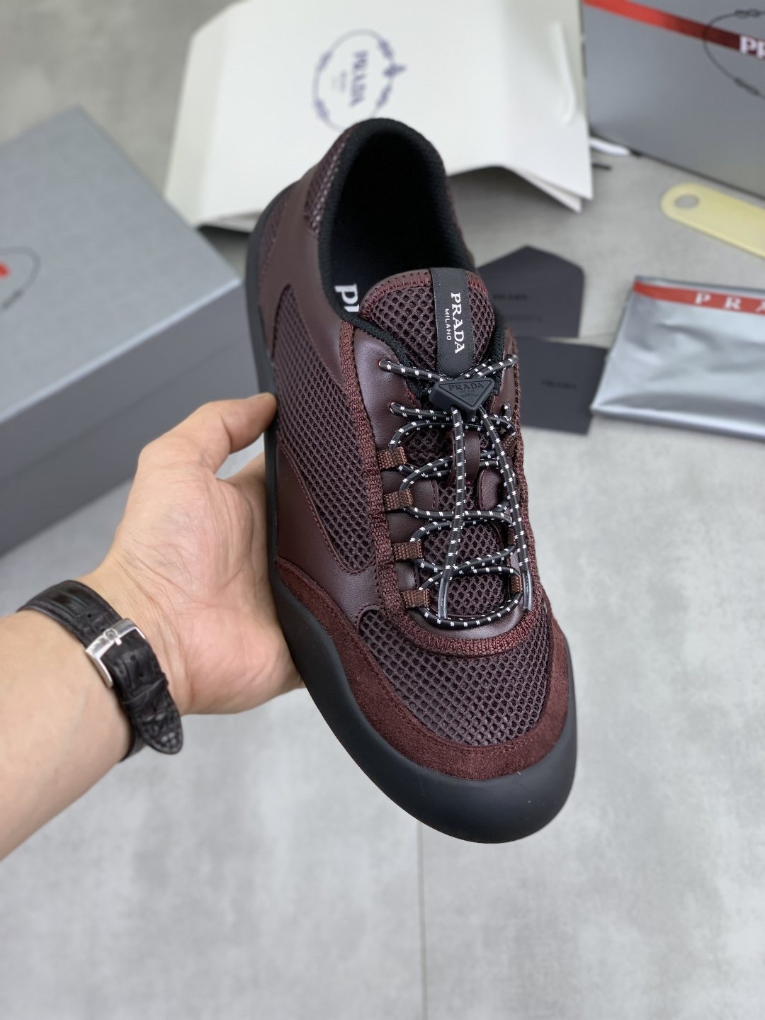 Prada Layered Mesh Lace-Up Sneakers