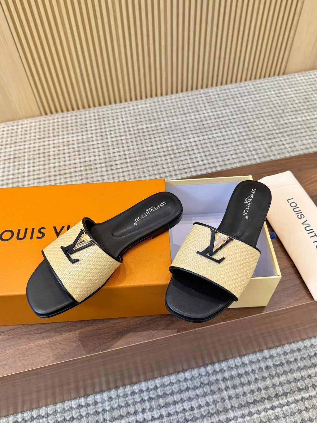 Louis Vuitton Textured Logo Slide Sandals