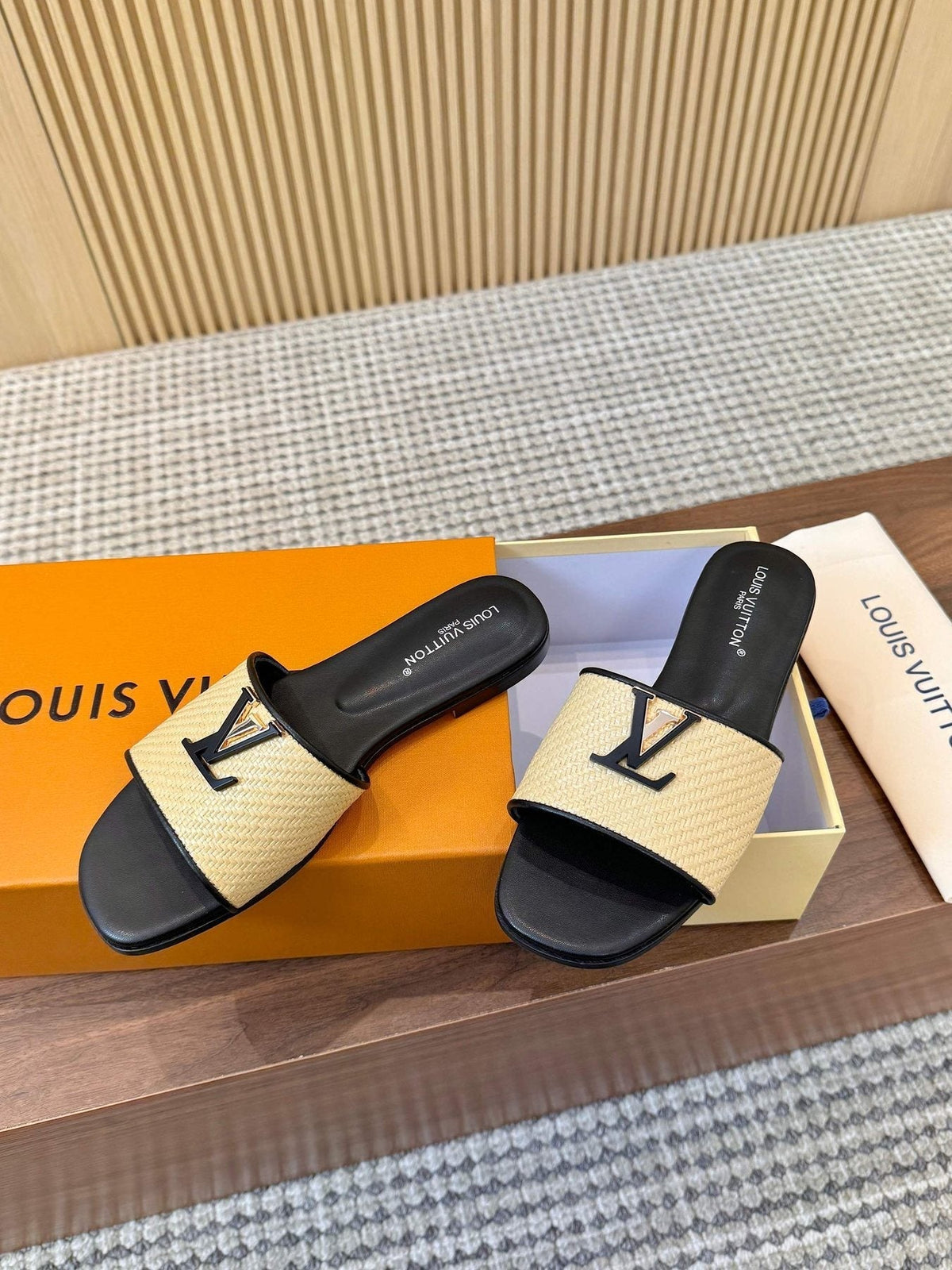 Louis Vuitton Textured Logo Slide Sandals