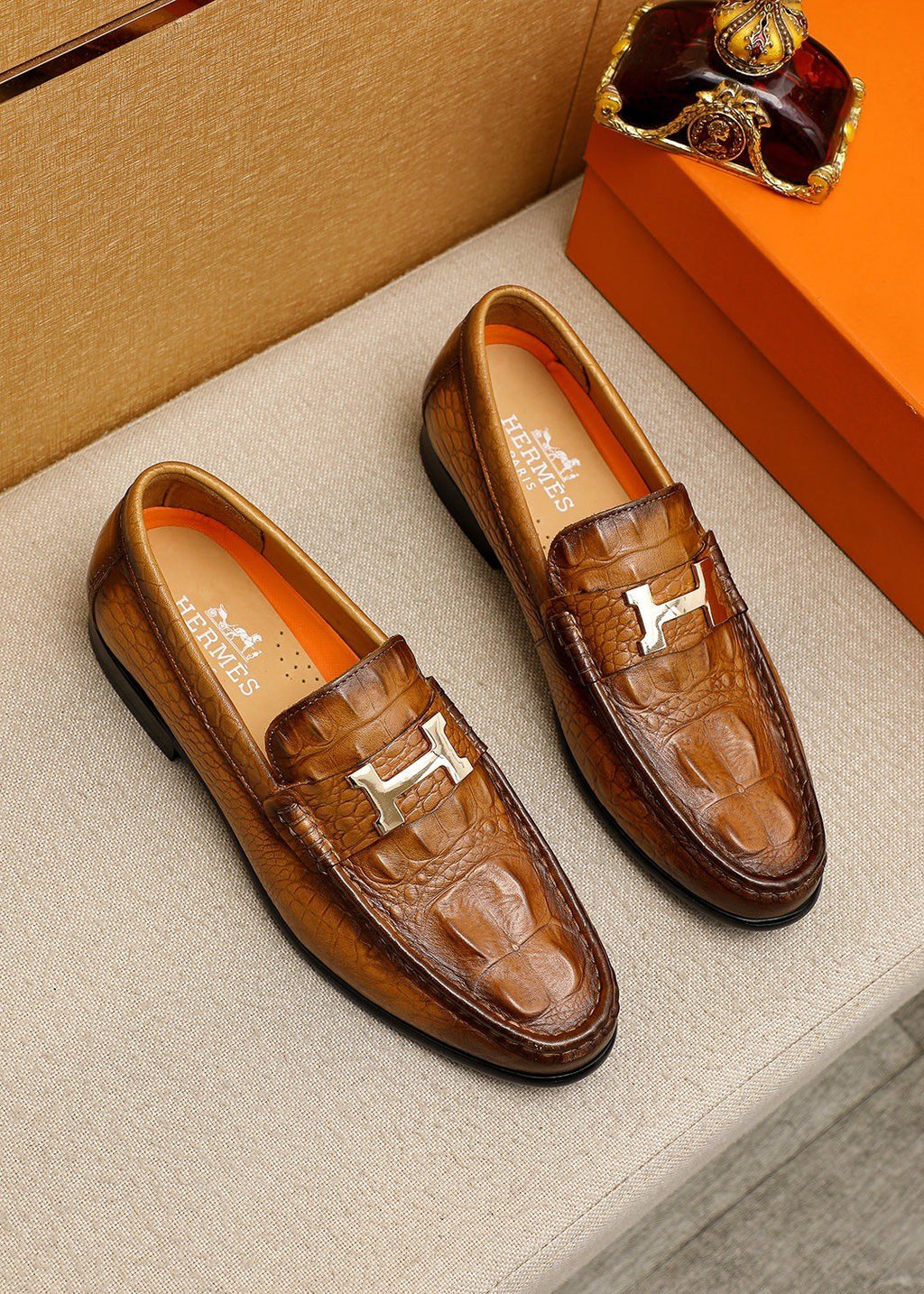 Hermès Textured Metal-Hardware Loafers