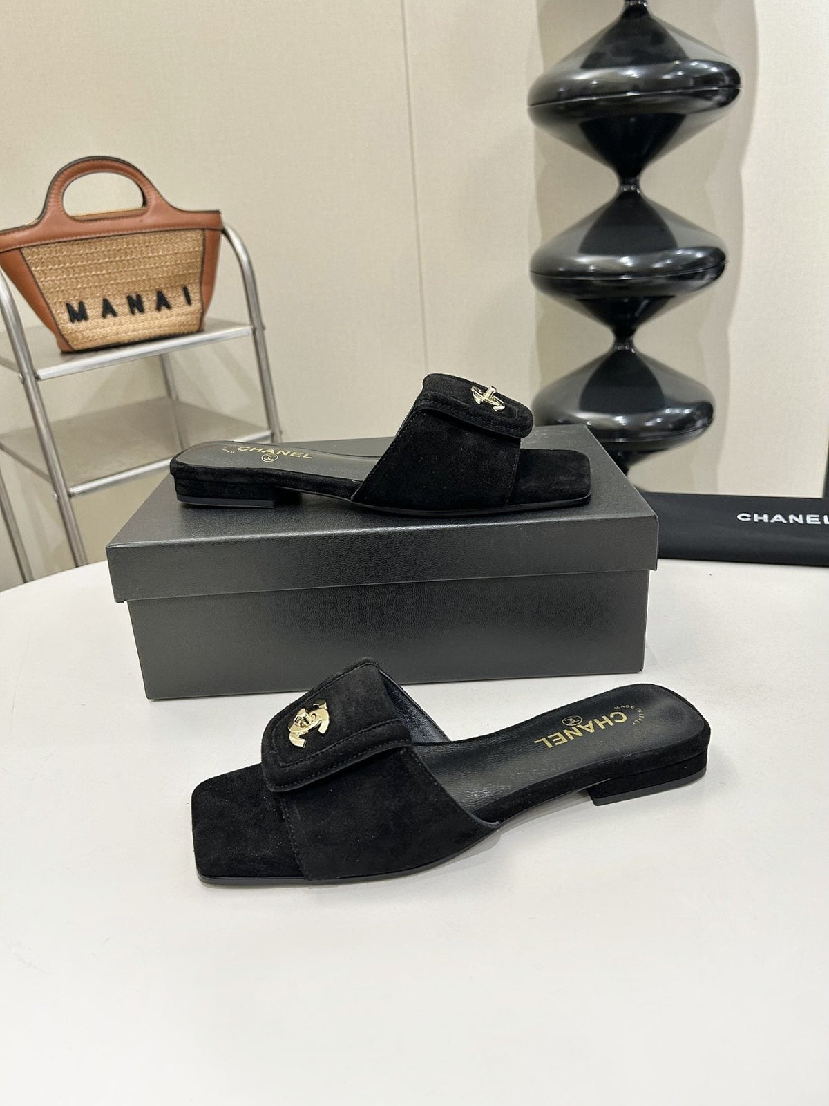 Chanel Square-Toe Emblem Slide Sandals