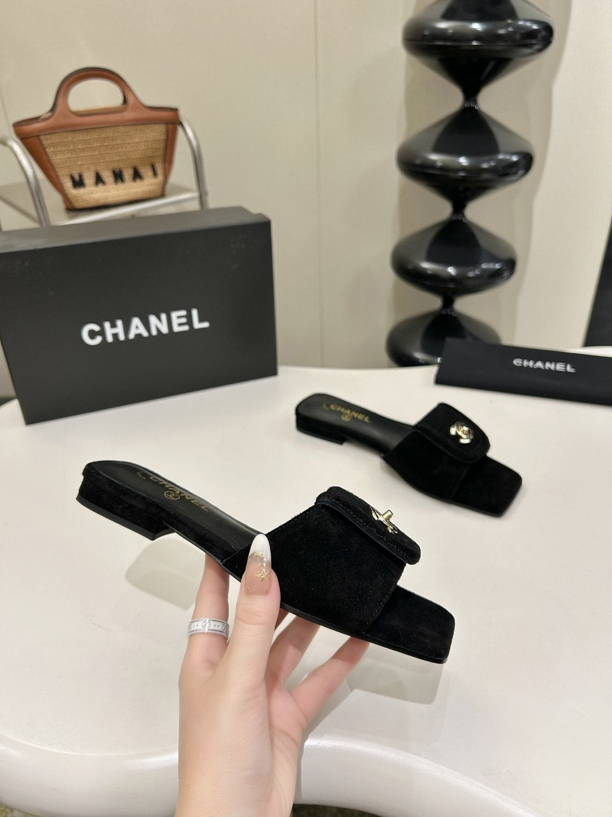 Chanel Square-Toe Emblem Slide Sandals
