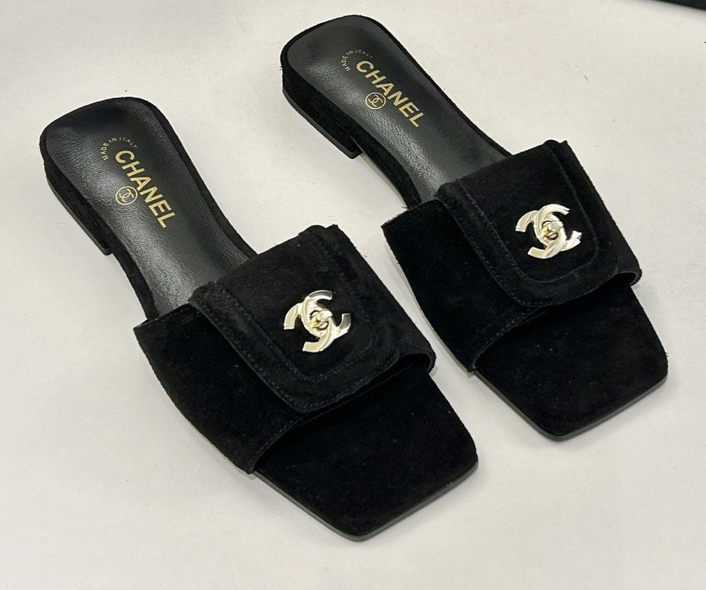 Chanel Square-Toe Emblem Slide Sandals